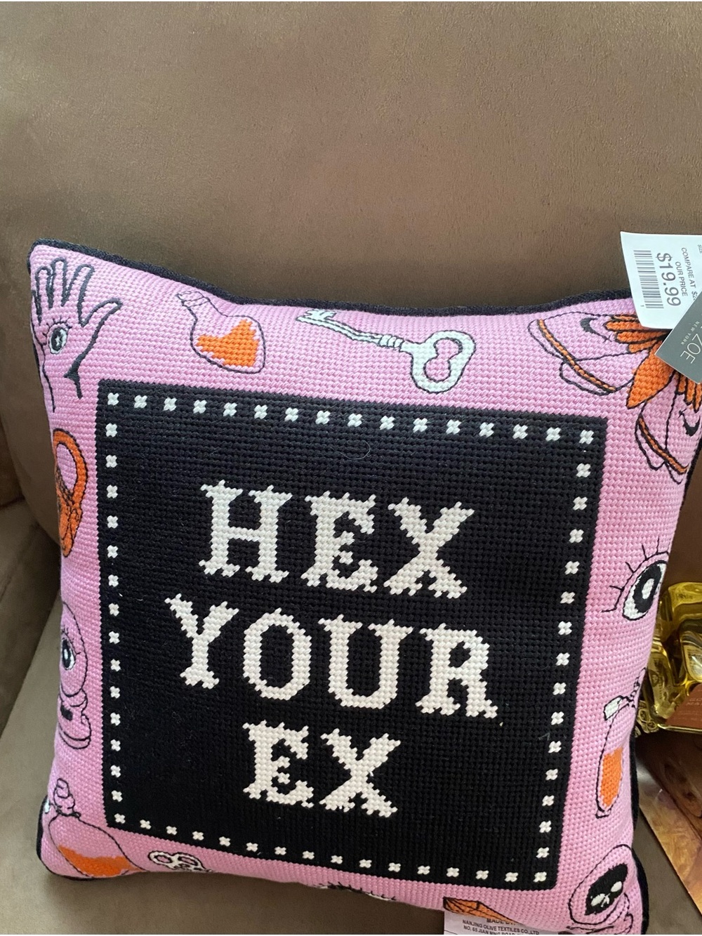 Rachel Zoe Pink and Black 'HEX YOUR EX' Embroidered Accent Pillow